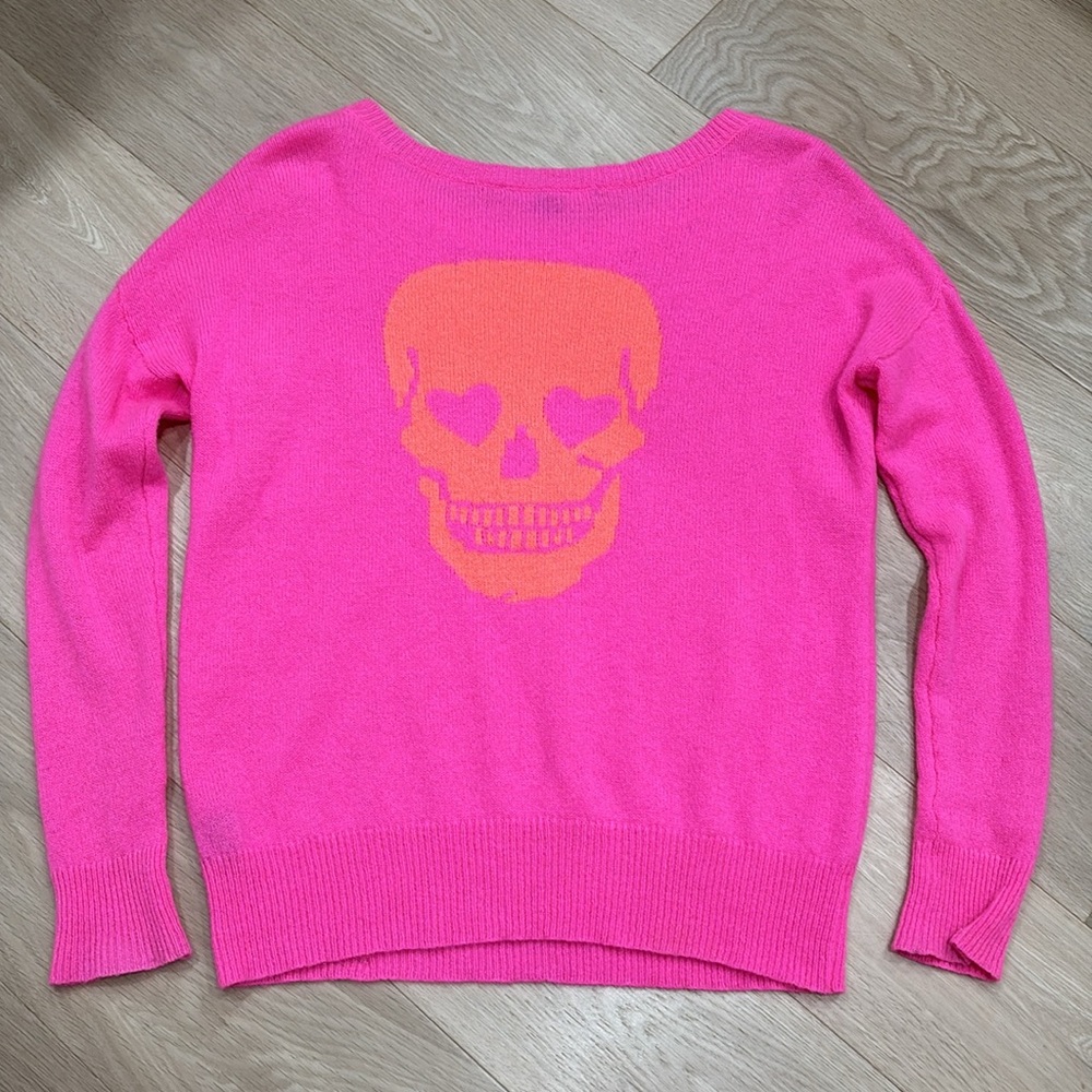 SKULL CASHMERE (XS) Pink Skull Sweater Soft Luxury Knit - Picture 10 of 13